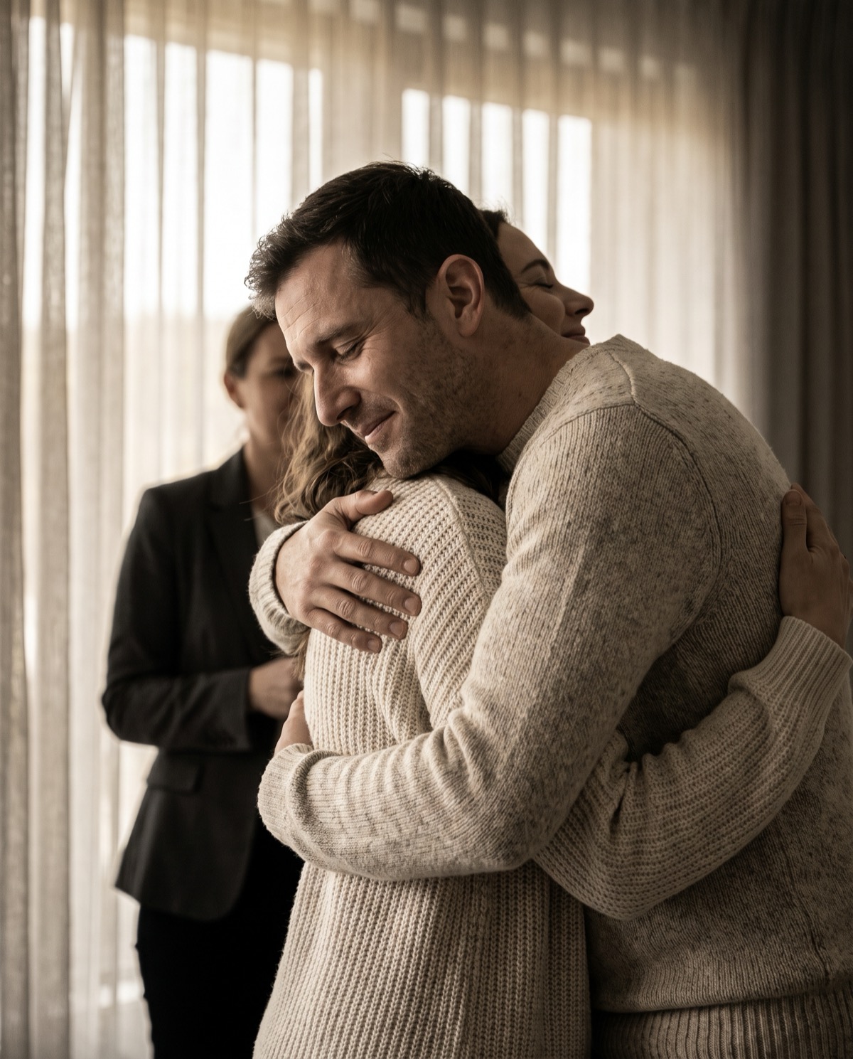 A client embracing family after a meeting with their advisor