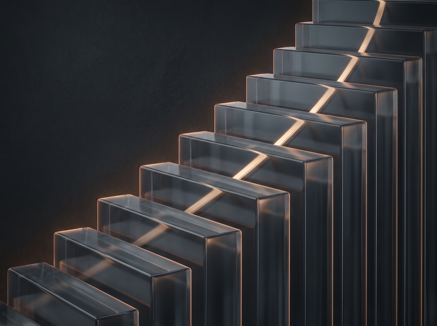 Ascending glass steps lit by a rising line of light